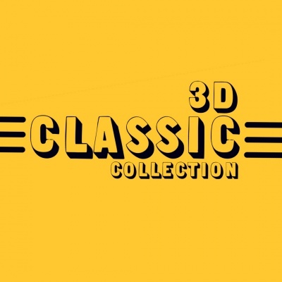 Texto 3D CLASSIC COLLECTION preto sobre fundo amarelo com linhas horizontais negras.