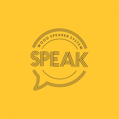 Logotipo preto em fundo amarelo com texto 'WOOD SPEAKER SYSTEM SPEAK' dentro de um balão de fala desenhado.