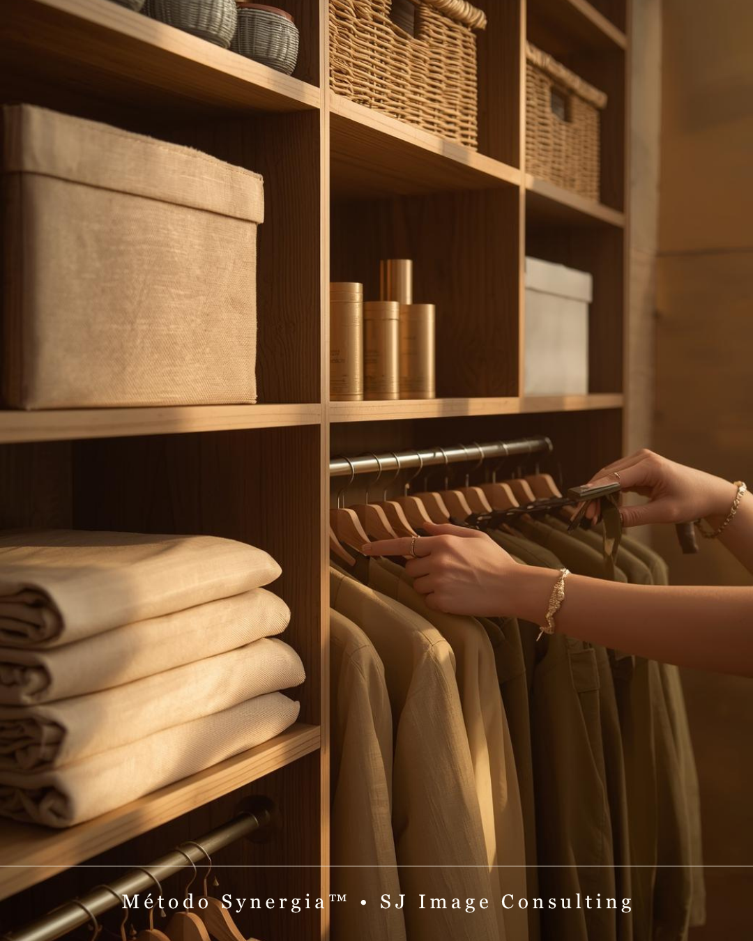Organização de Closet Estante de madeira com organização de roupas, caixas e cestos, e produtos cosméticos