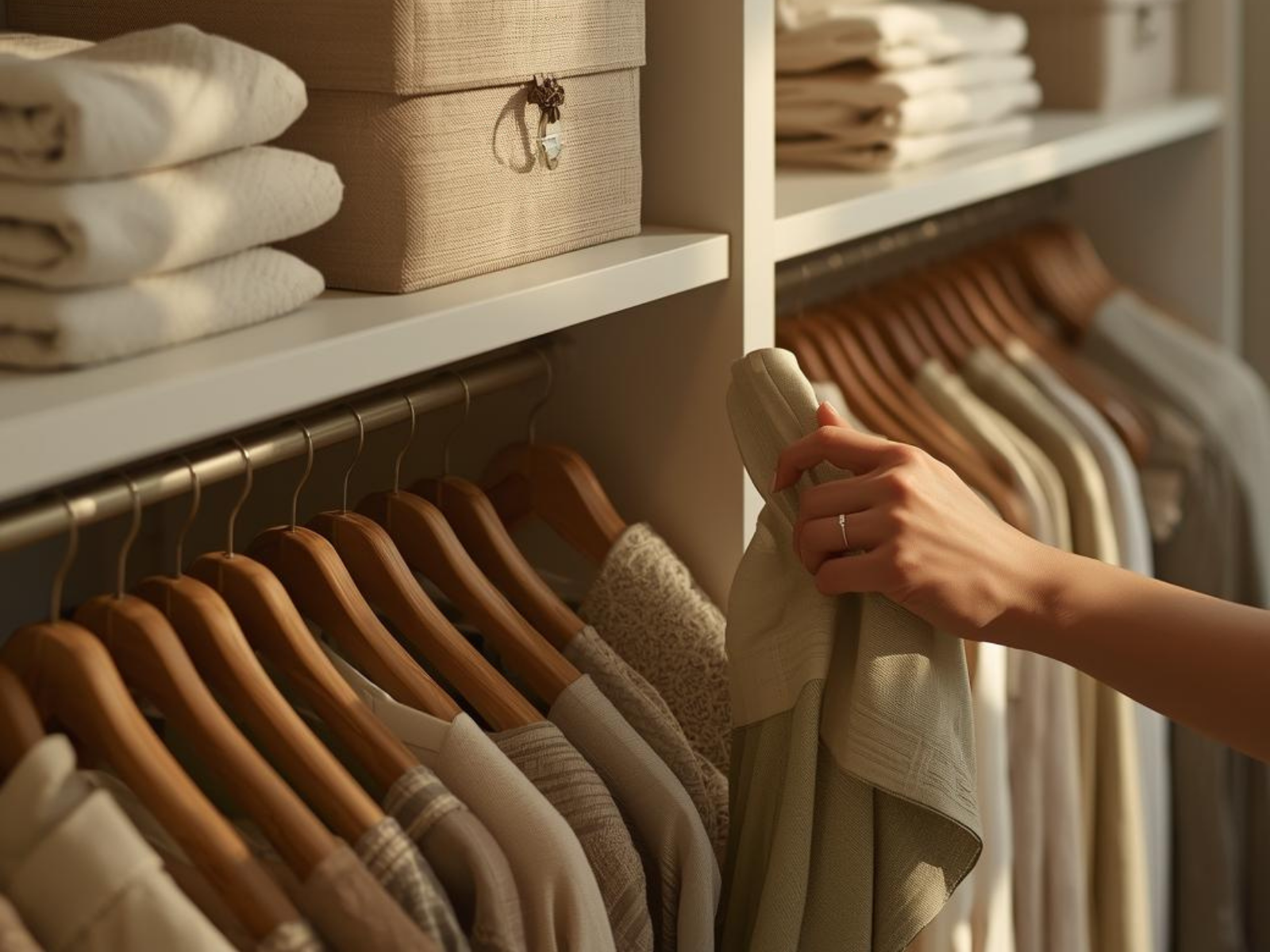 Armário com roupas claras penduradas e prateleira com toalhas e caixas de armazenamento.