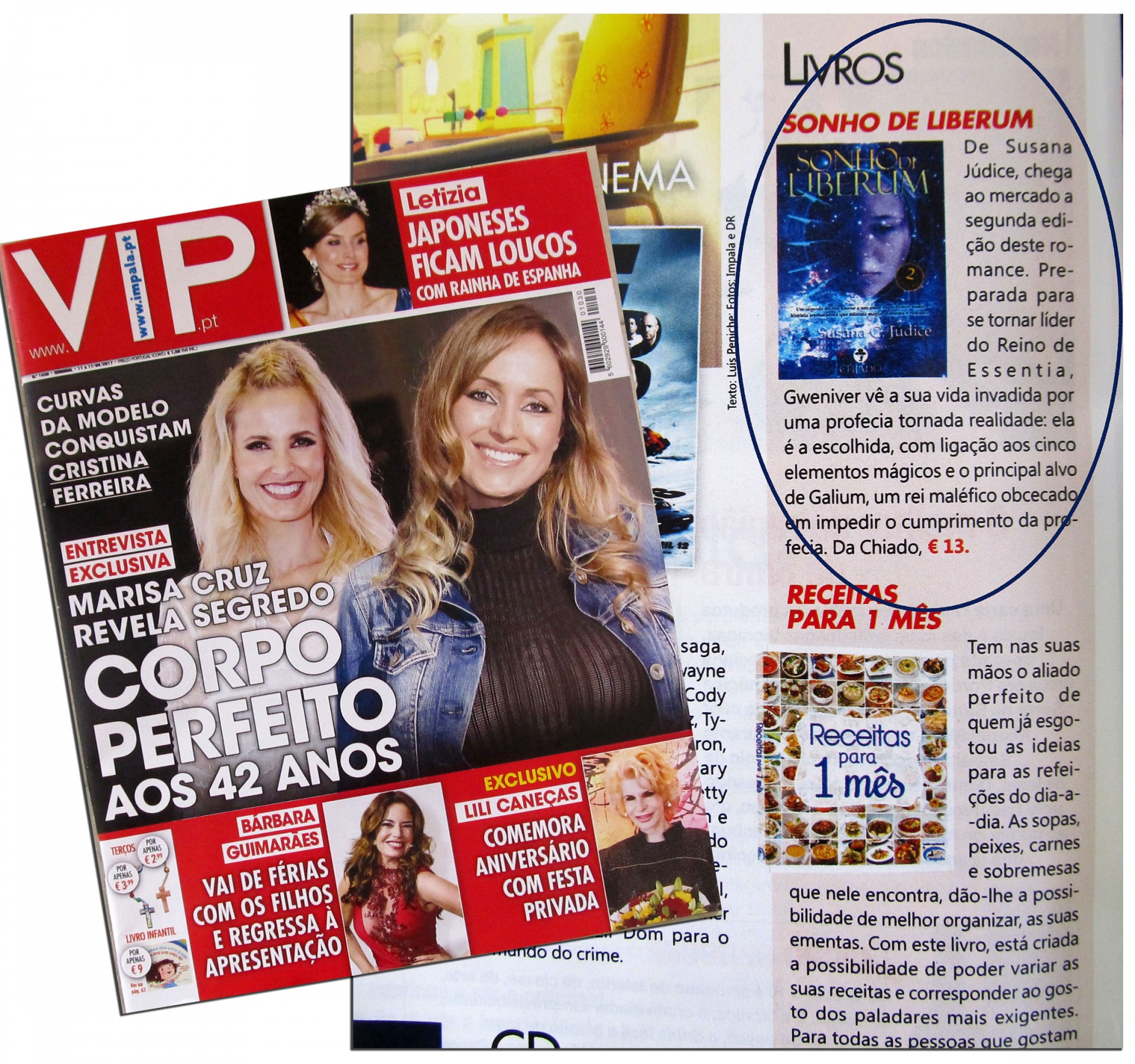 Revista VIP com capa de celebridades e seção de receitas ao lado de anúncio do livro Sonho de Uberum.