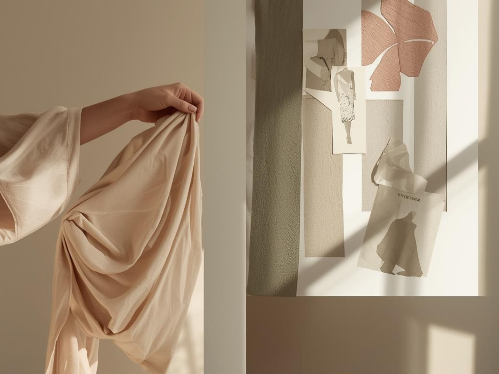 Mão segurando tecido bege suave e recortes artísticos em moldura branca