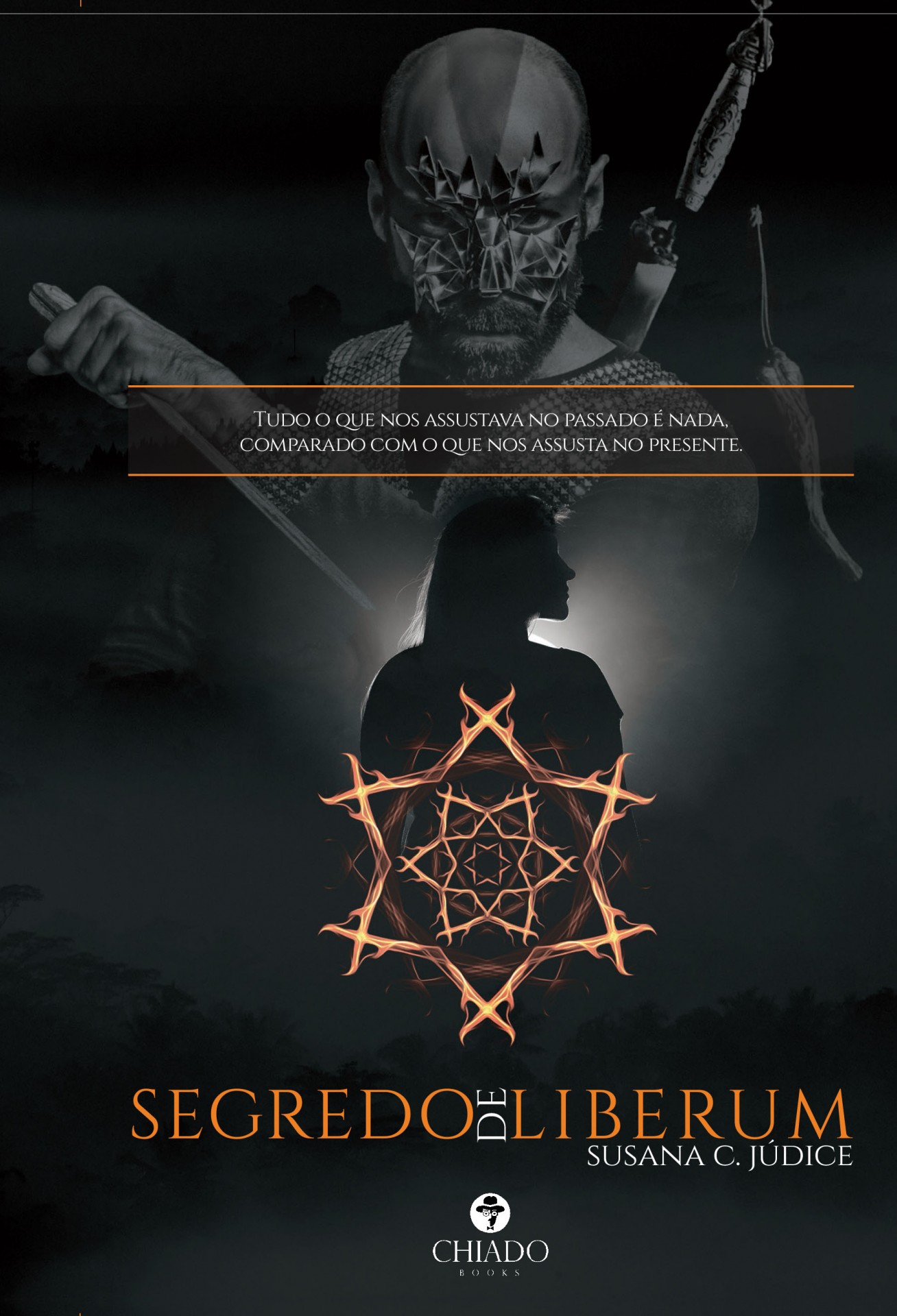 Capa do livro SEGREDO DE LIBERUM com figuras humanas e símbolo abstrato laranja