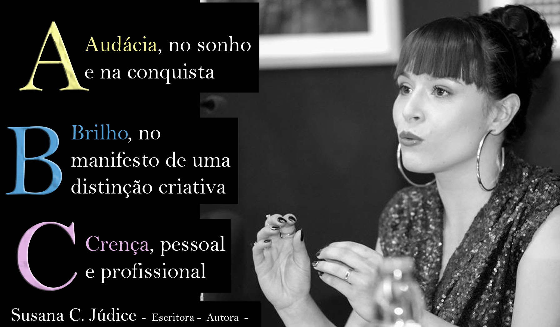 Mulher conversando ao lado de texto colorido em português sobre Audácia, Brilho e Crença