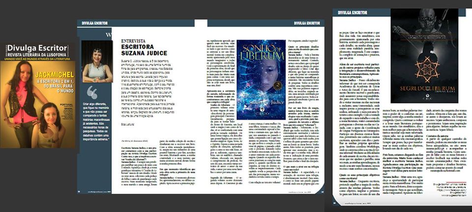 Dupla página de revista ou catálogo com texto em português sobre escritoras e imagens coloridas de capas de livros