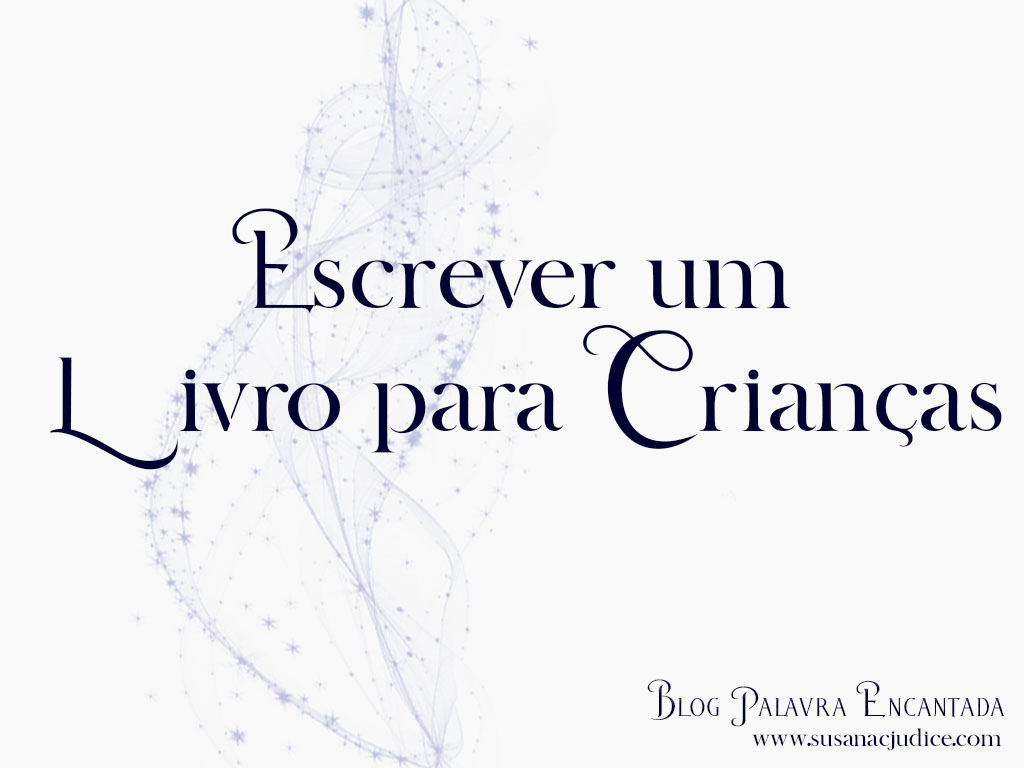 Texto 'Escrever um Livro para Crianças' em fundo branco com gráficos azuis e assinatura do blog