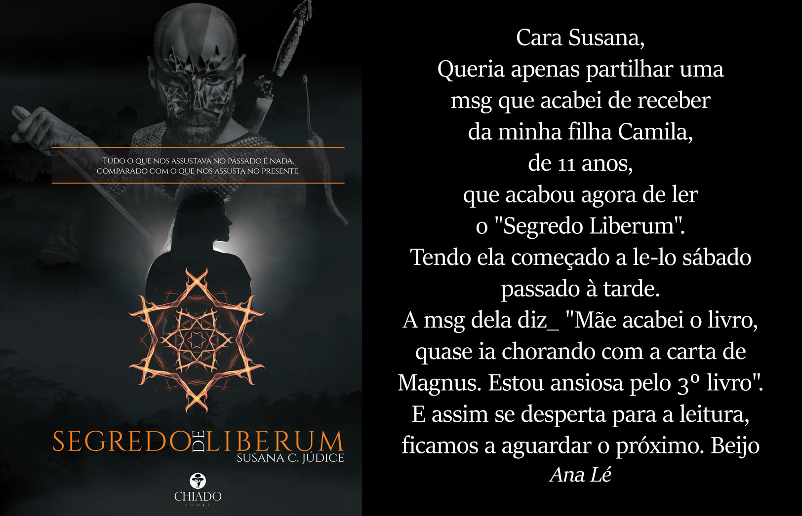 Opiniões de Leitores Capa do livro Segredo Liberum com imagem de um esqueleto e texto testimonial em fundo preto