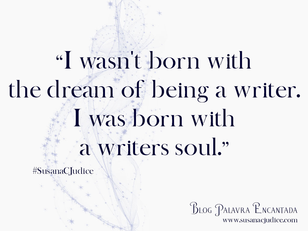 Texto inspirador em inglês sobre ser escritor com hashtag e endereço de blog, fundo branco com linhas cintilantes azuis.