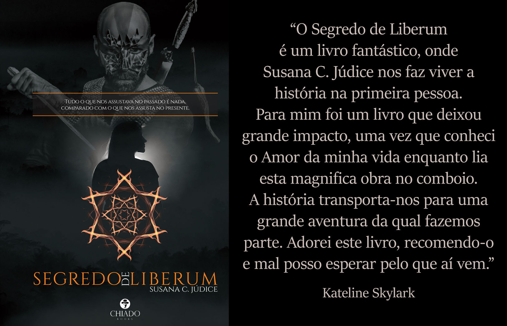 Opiniões de Leitores Capa do livro 'Segredo de Liberum' com esqueleto e símbolo laranja, texto de opinião em português.