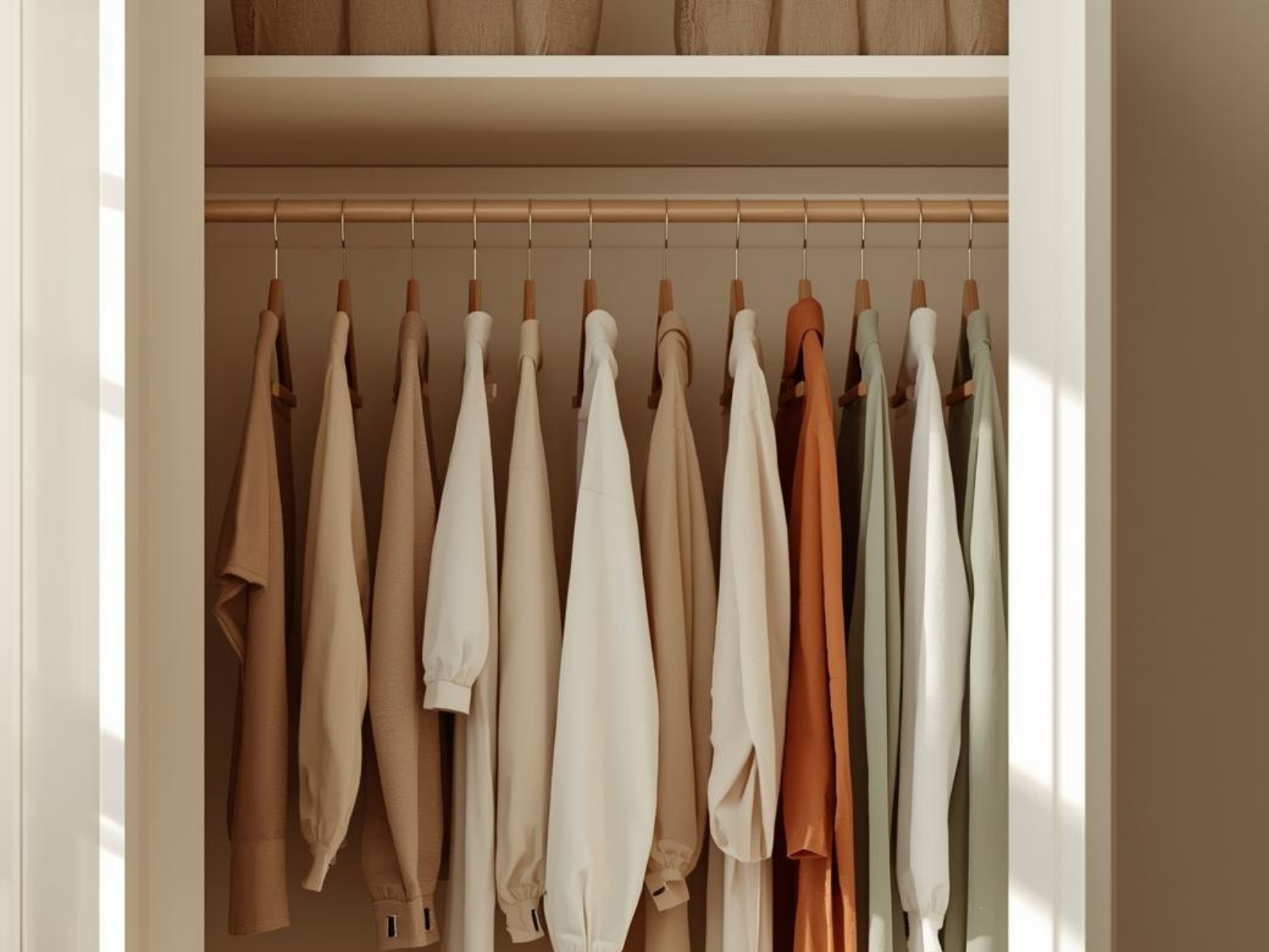 Guarda-roupa com camisas e casacos em tons neutros pendurados em cabides de madeira