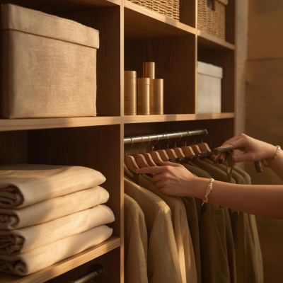 Estante de madeira com organização de roupas, caixas e cestos, e produtos cosméticos