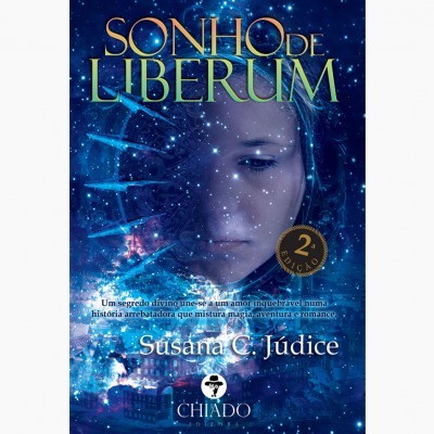 Capa do livro 'Sonho de Liberium' com rosto feminino e fundo azul estrelado