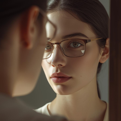 Mulher de óculos a olhar para o espelho