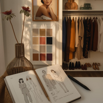 Caderno com desenhos de moda, paleta de cores na parede, armário com roupas e sapatos, vaso com flores.