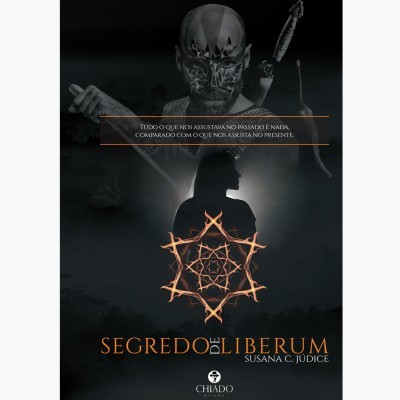 Capa do livro 'Segredo Liberum' com caveira, armas, silhueta de mulher e texto em português.