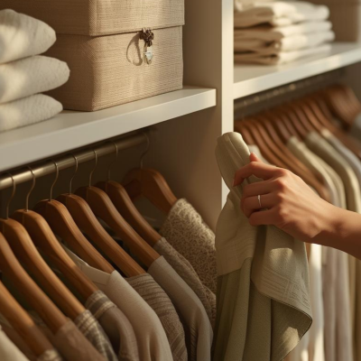 Armário com roupas claras penduradas e prateleira com toalhas e caixas de armazenamento.