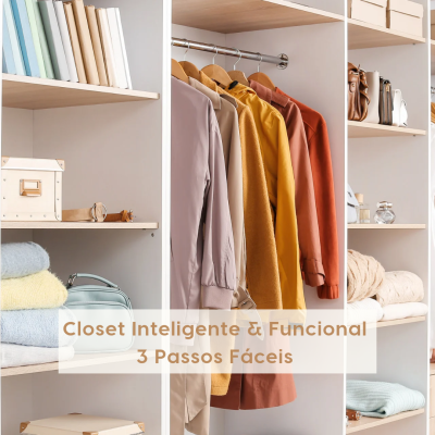 Closet branco com roupas, livros, malas e caixas organizadoras