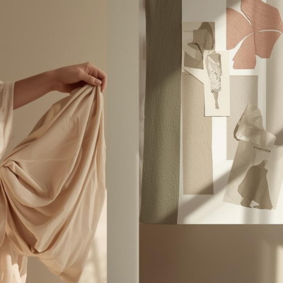 Mão segurando tecido bege suave e recortes artísticos em moldura branca