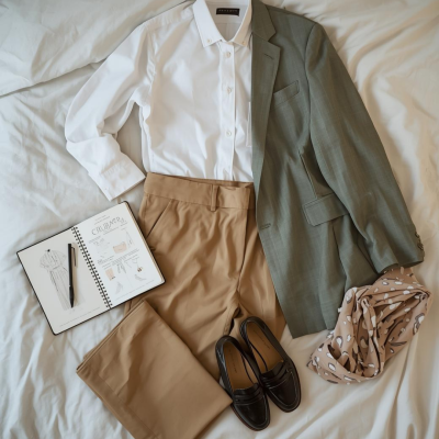 Conjunto de roupa composto por camisa branca, calças bege, blazer cinzento, sapatos pretos, lenço bege e caderno aberto numa cama branca.