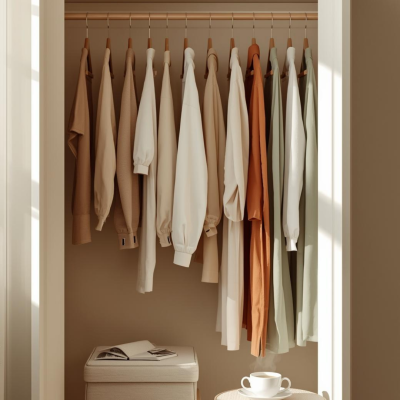 Cabideiro com camisas em tons neutros, mala bege, banco de madeira e mesa com chávena e pires