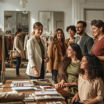 Grupo de pessoas em consultoria de imagem com amostras de tecidos e roupas ao fundo