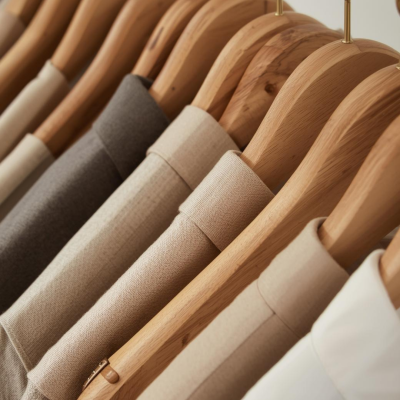 Blazers neutros pendurados em cabides de madeira com texto Método Synergia™ SJ Image Consulting