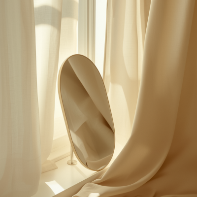 Espelho oval com moldura dourada em janela com cortinas bejes.