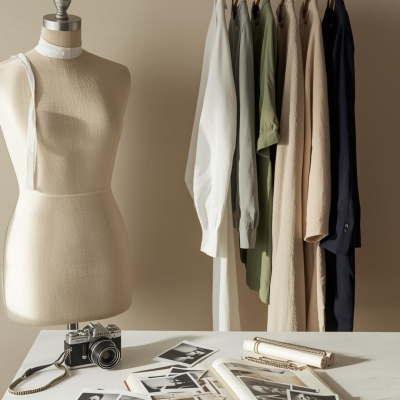 Manequim, camisas penduradas, câmara fotográfica, álbum de fotos e rolos fotográficos sobre mesa.