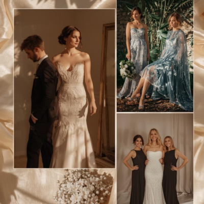 Montagem de vestidos de noiva e cerimónia em diferentes ambientes com bouquet branco.