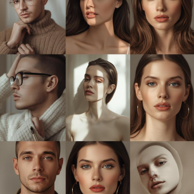 Colagem de retratos de modelos com roupas neutras e uma imagem artística de rosto mascarado