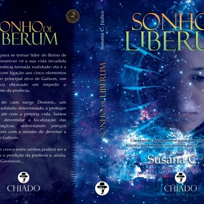 Capa do livro 'Sonho de Liberum' com fundo azul estrelado e rosto desfocado, número 2 e foto da autora