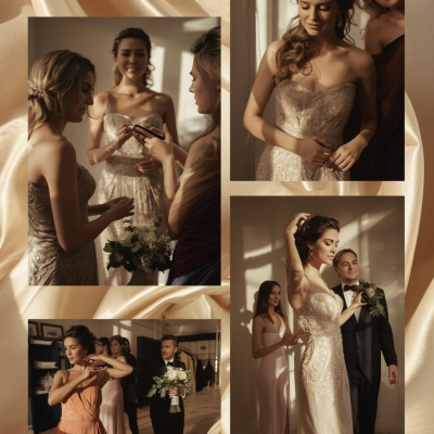 Collage de fotos de mulheres com vestidos rendados e ambiente elegante