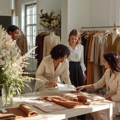Quatro mulheres vestidas com roupas formais em tons neutros num espaço com mesa branca, tecidos dobrados e manequins com roupas ao fundo.