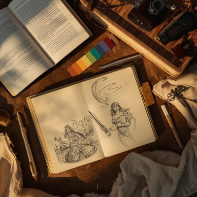 Sketchbook com desenhos de figuras femininas, livro aberto, câmera retro sobre caixa de madeira e itens de desenho em superfície rústica