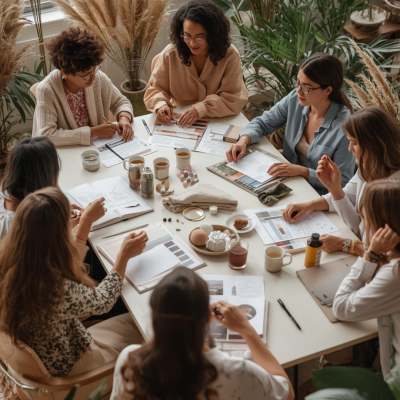 Mulheres a trabalhar em reunião criativa à volta de mesa com documentos e plantas