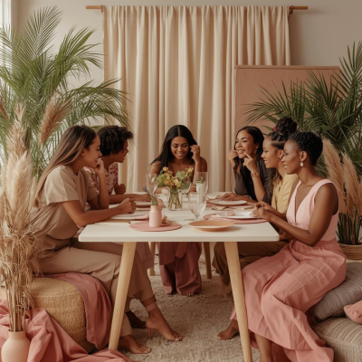 Mesa de jantar branca com cinco mulheres e decoração interior