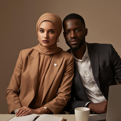 Casal formal com blazer bege e fato cinza junto a mesa com livro e portátil