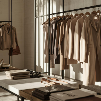 Casacos e blazers de cores neutras pendurados em cabides com mesa branca e livros ao fundo