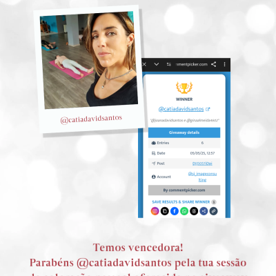 Anúncio de giveaway com fotografia de mulher e captura de ecrã mostrando vencedor