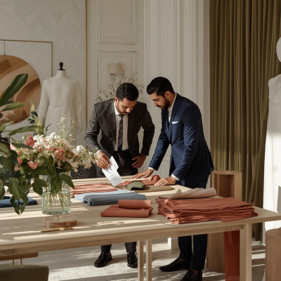 Dois homens de fato a analisar tecidos na mesa numa sala elegante