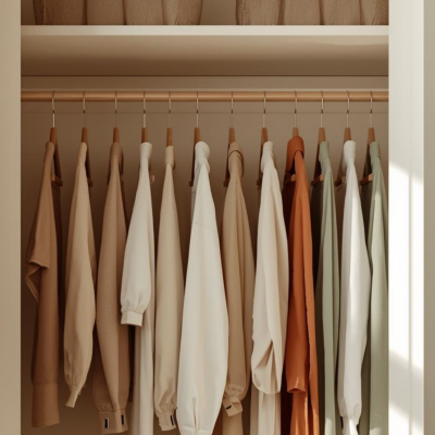 Guarda-roupa com camisas e casacos em tons neutros pendurados em cabides de madeira