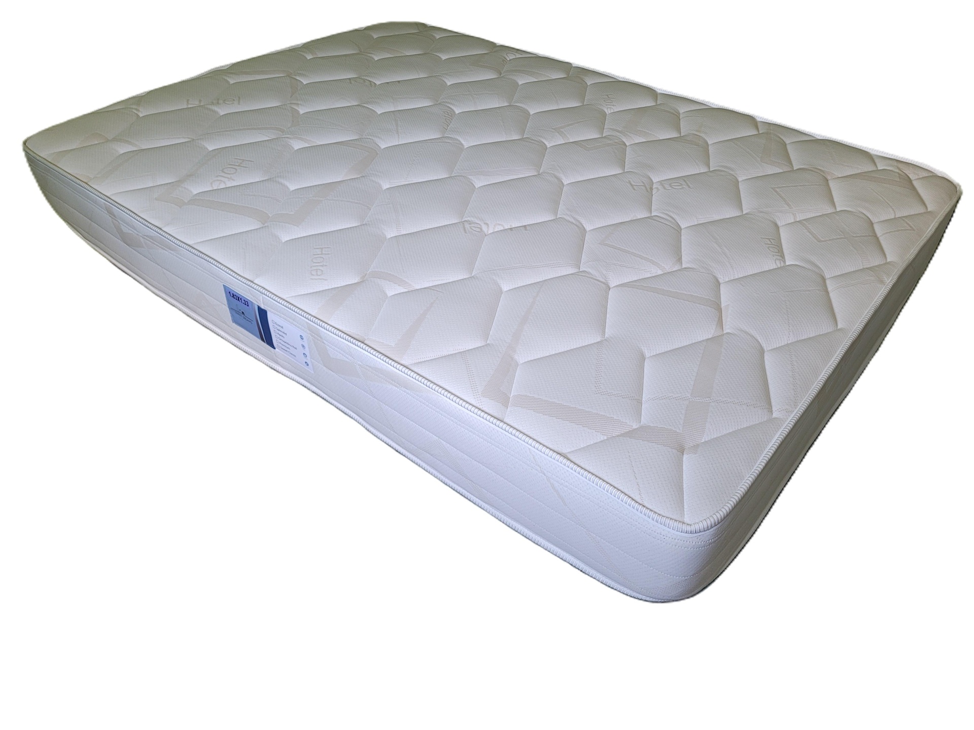 Colchão branco acolchoado com texto Hotel e etiqueta azul lateral