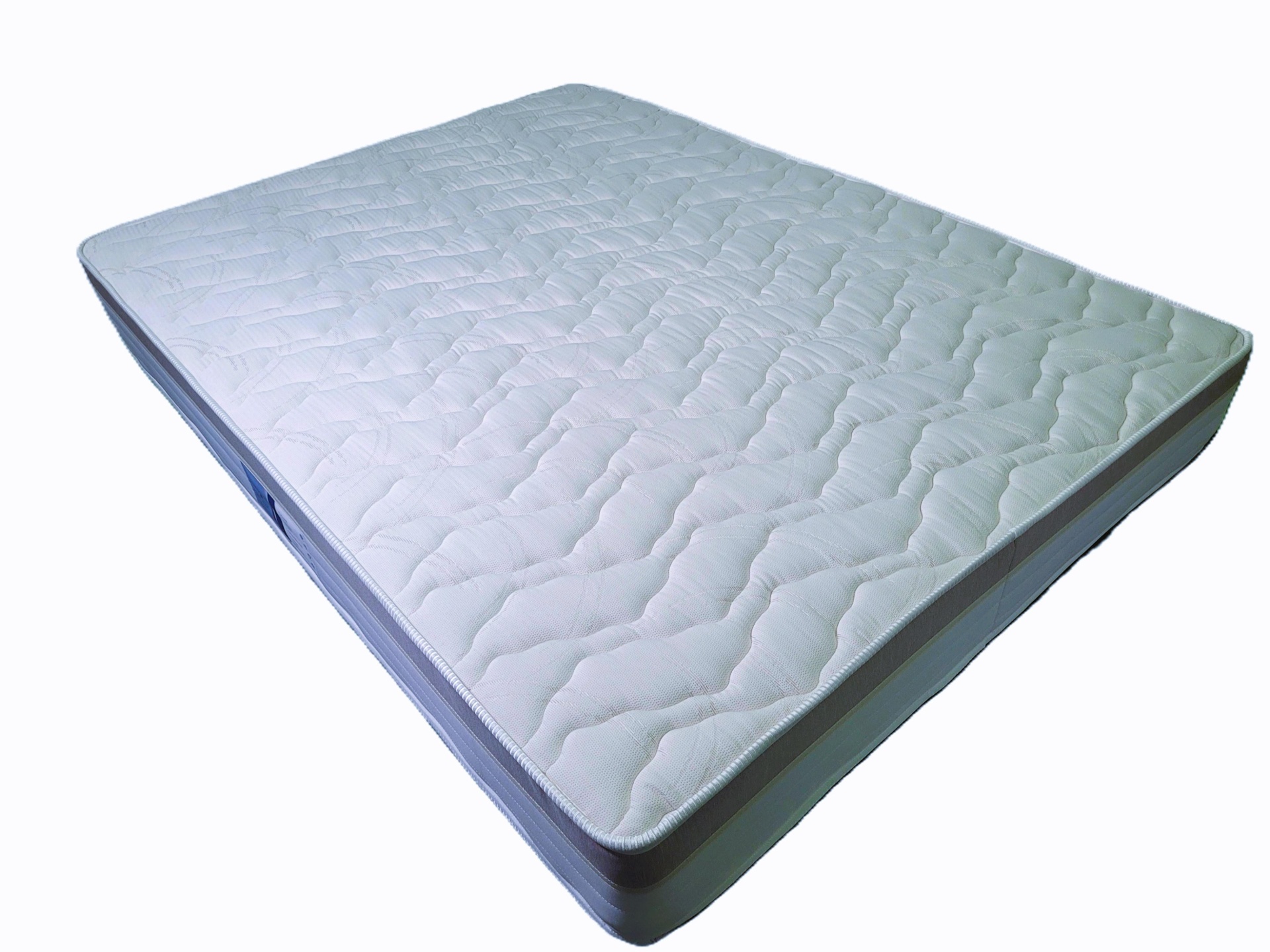 Colchão de molas branco com padrão matelassado e laterais cinzentas com alças