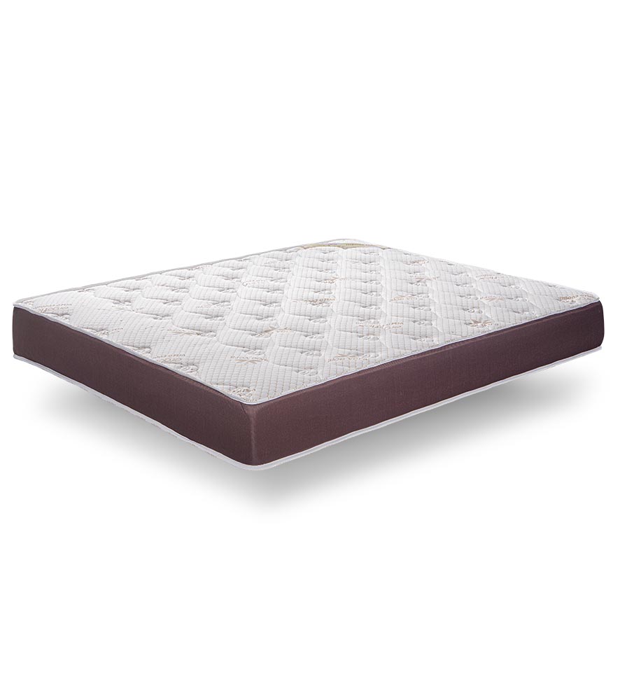 Colchão retangular branco com laterais castanhas em tecido texturado