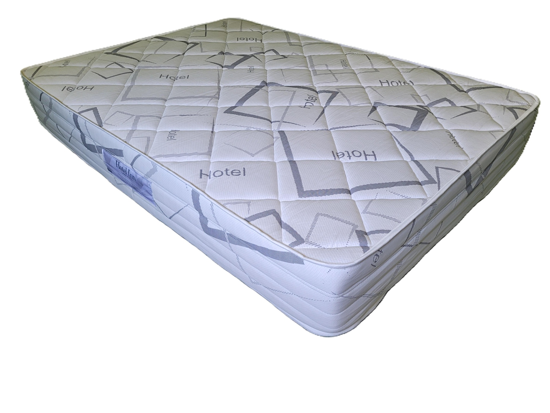 Colchão branco acolchoado com padrão geométrico e texto Hotel Inn