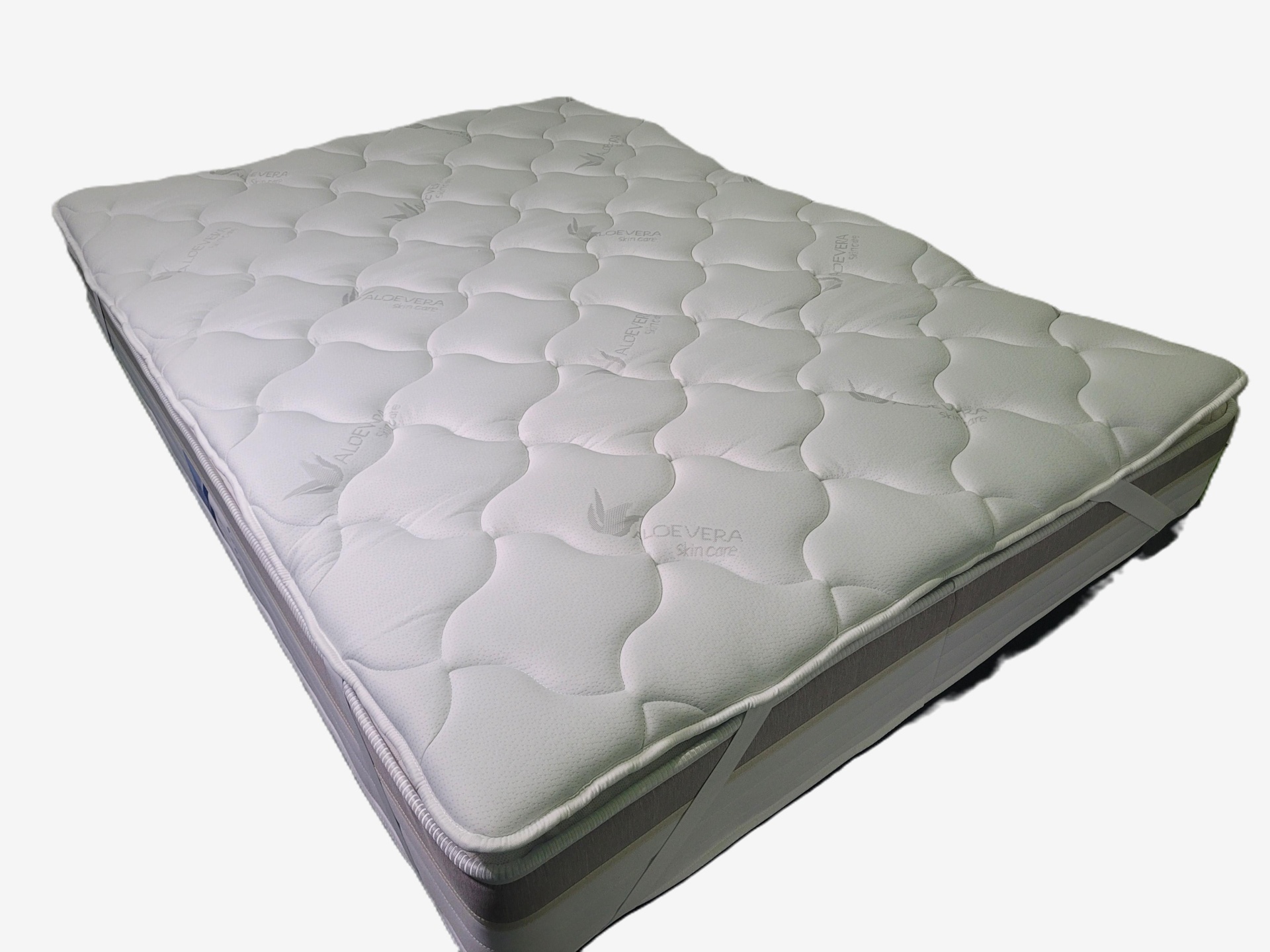 Colchão branco acolchoado com texto Aloevera e laterais cinza