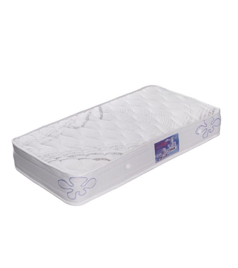 Colchão individual branco com padrão acolchoado e detalhes roxos