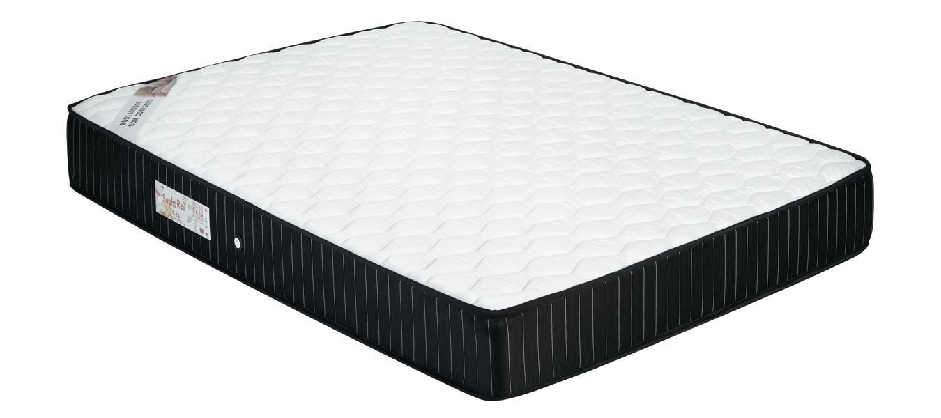 Colchão branco matelassado com bordas negras riscas verticais