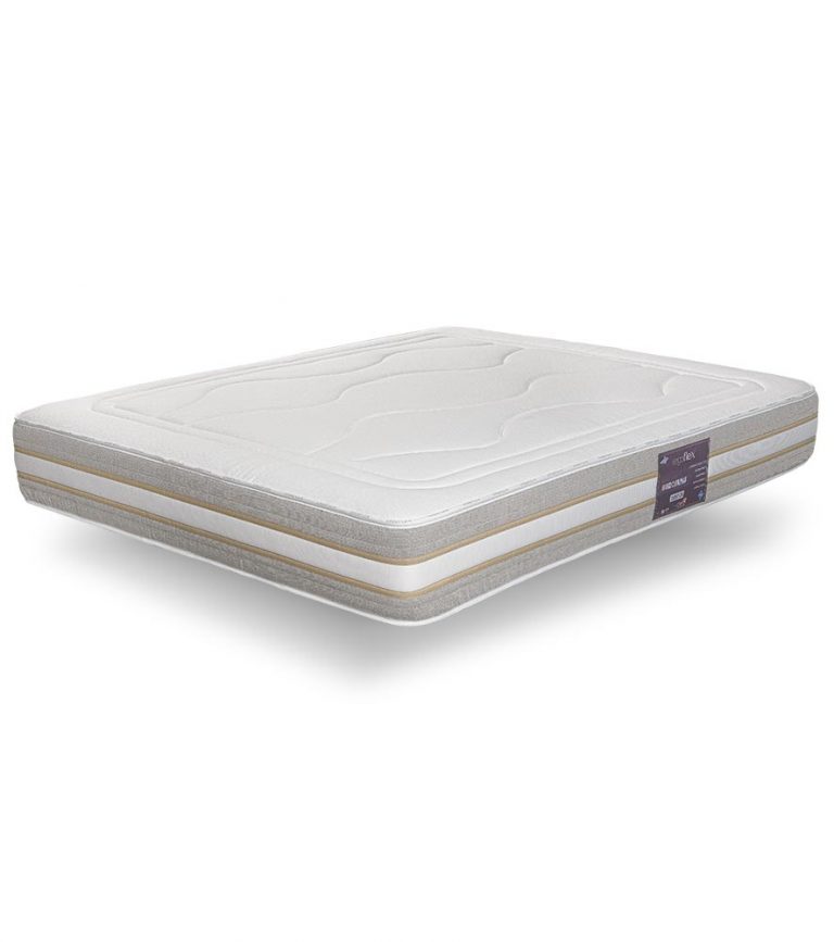 Colchão branco e cinza com detalhes dourados e etiqueta roxa