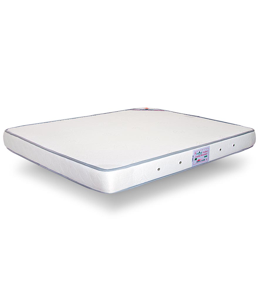 colchão branco com bordas cinzentas e etiqueta na lateral